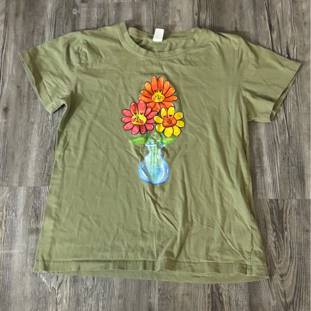 ROMWE Olive Green Short Sleeve Tee with Floral Design